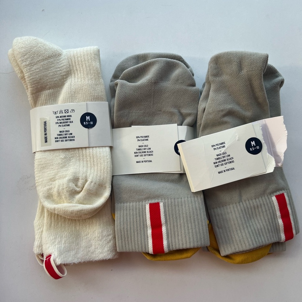 2 pairs Tracksmith speed session crew socks and 1 pair casual merino crew Medium